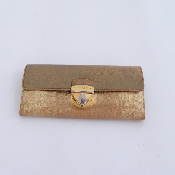 Prada Gold Saffiano Leather Pushlock Flap Wallet - Picture 1 of 14